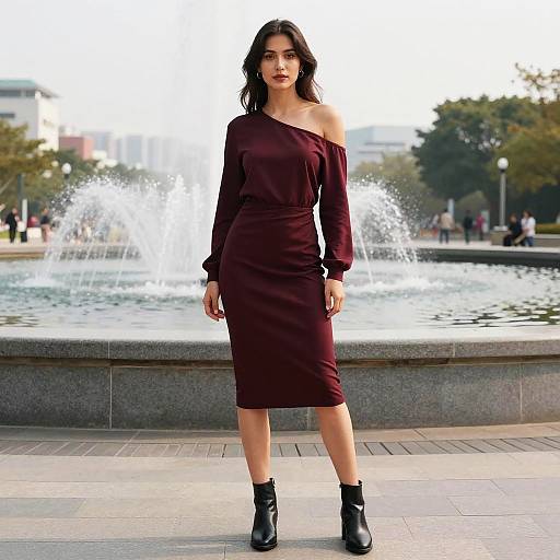 Svelte Woman in Contemporary Maroon Cold Shoulder Dress with Long Sleeves
