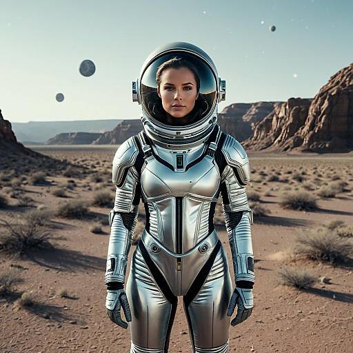 Woman in Futuristic Silver Spacesuit on Alien Desert Landscape