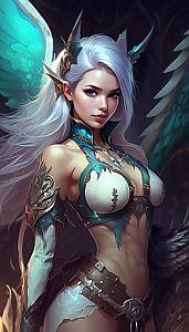 Fantasy Woman with White Hair and Teal Wings in Armor
