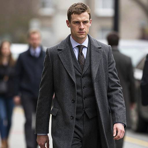 Man Wearing Grey Three-Piece Suit and Overcoat Walking in City