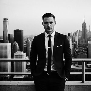 Confident Man in Black Suit on Rooftop with Urban Skyline
