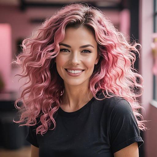 Smiling Woman with Pink Curly Hair in Casual Black T-Shirt