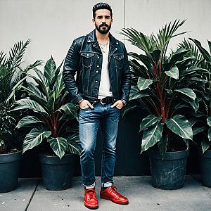 Stylish man in leather jacket with potted plants