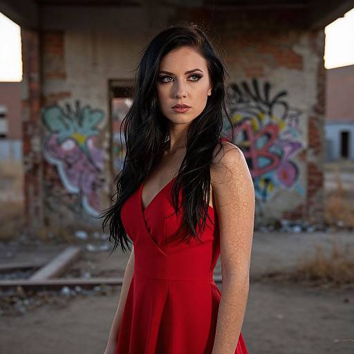 Woman in Red Dress in Abandoned Graffiti Urban Setting