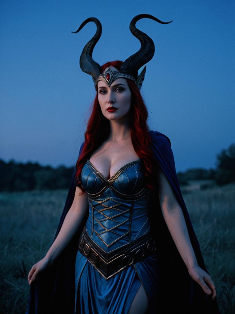 Photorealistic Woman in Lilith Goddess Costume Outdoor Portrait at Twilight