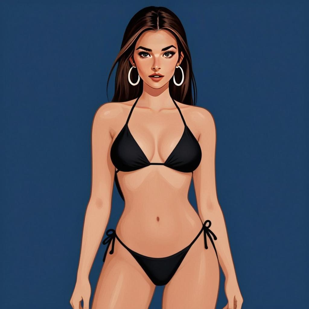 Vector Art Illustration of Woman in Black Bikini on Blue Background