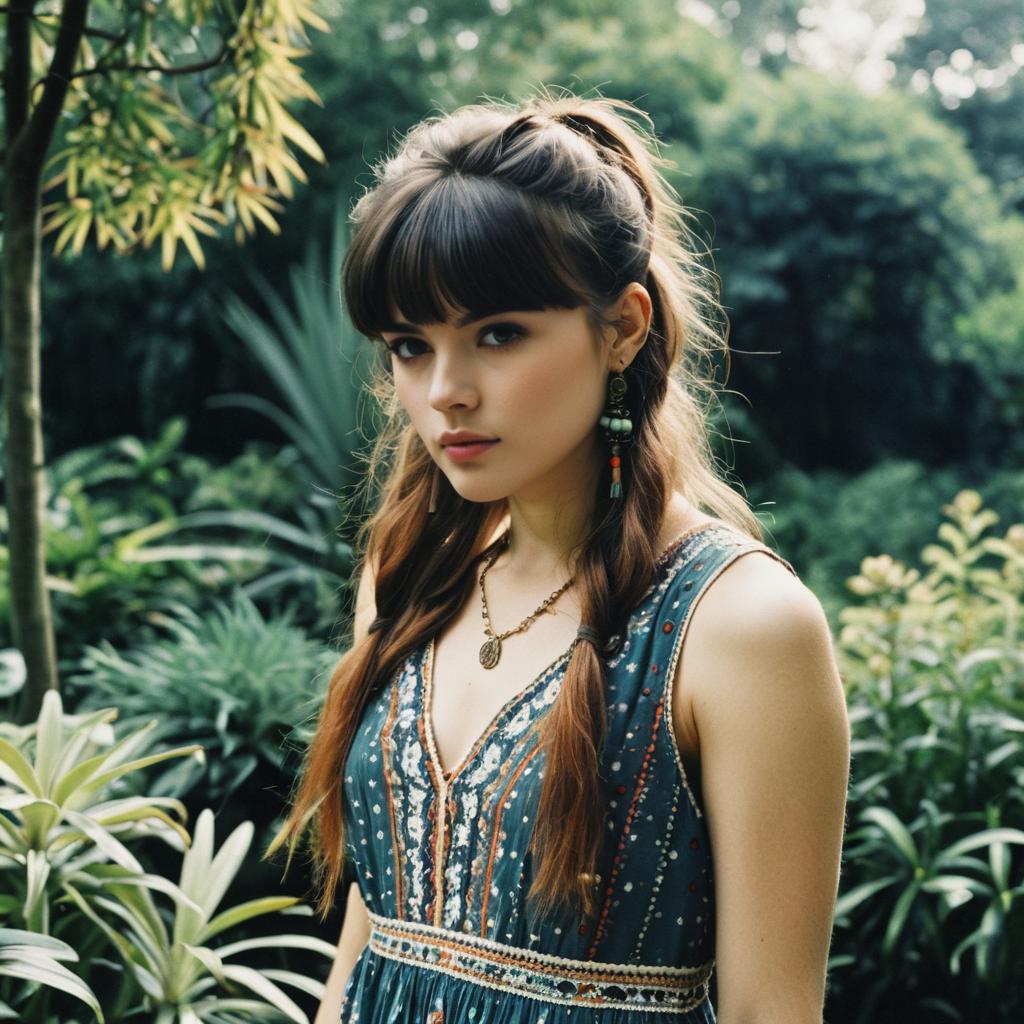 Bohemian Woman Portrait with Braided Hair in Lush Garden