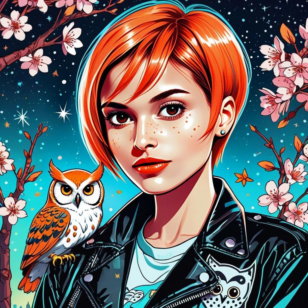 Red-haired Woman with Owl and Cherry Blossoms Digital Artwork