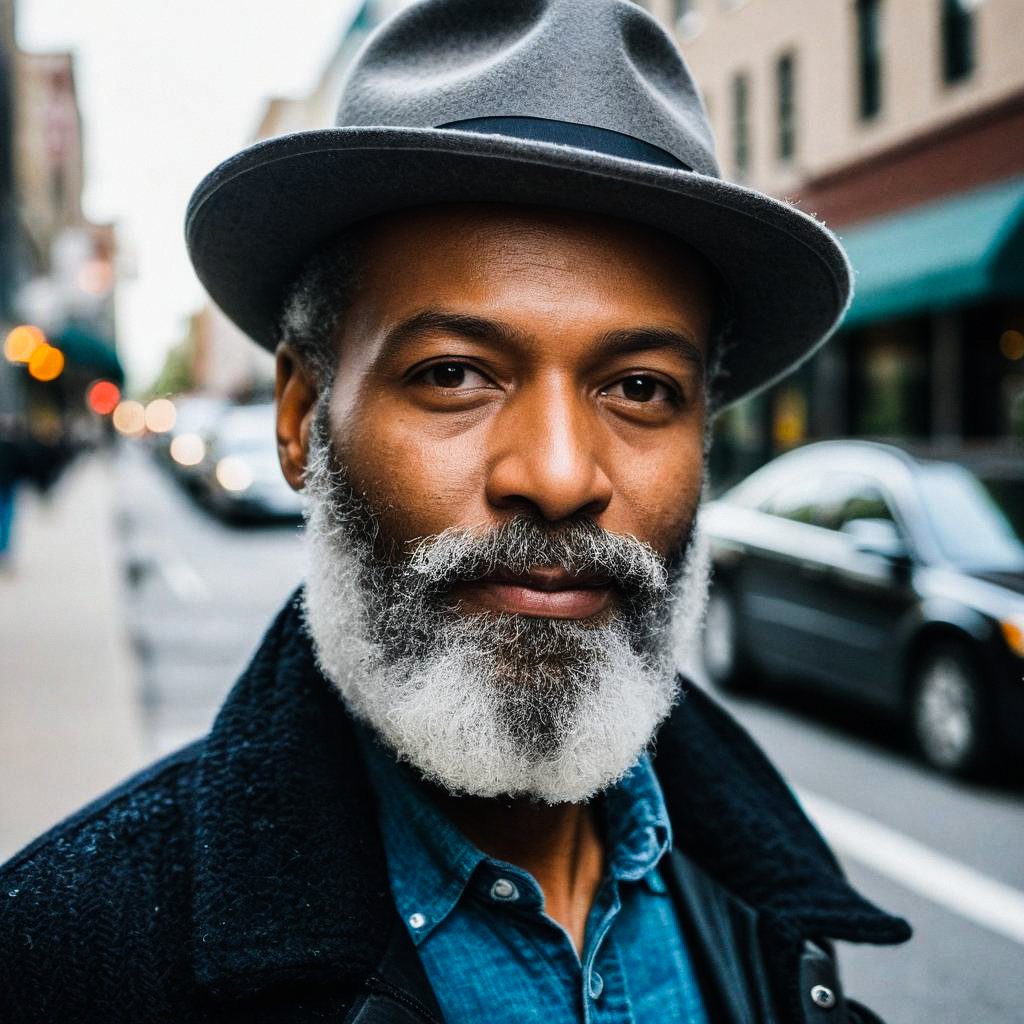 Stylish Mature Man with Gray Beard on City Street
