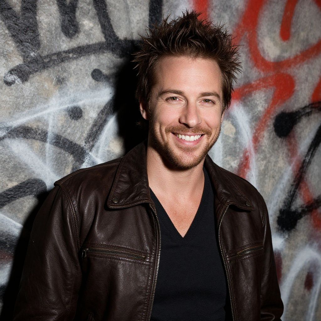 Smiling Young Man in Leather Jacket Against Graffiti Wall