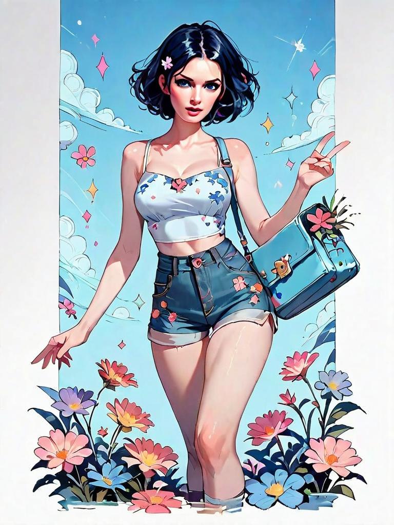 Realistic Comic Style Woman in Floral Outfit with Blue Sky Background