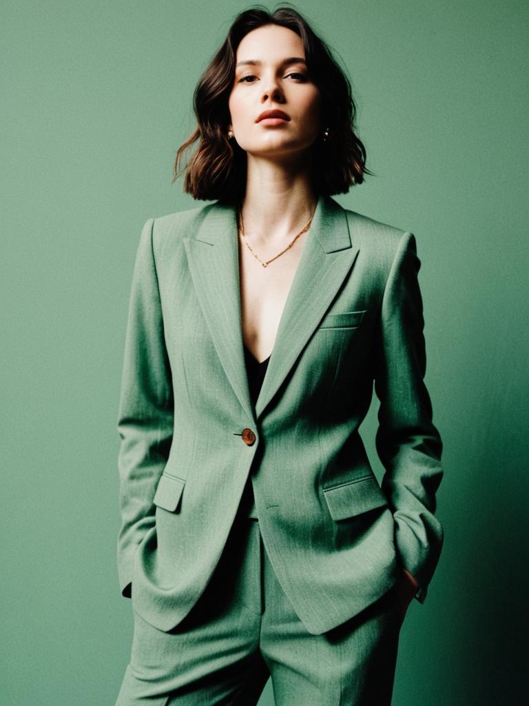Woman in Sage Green Suit Photorealistic Fashion Editorial