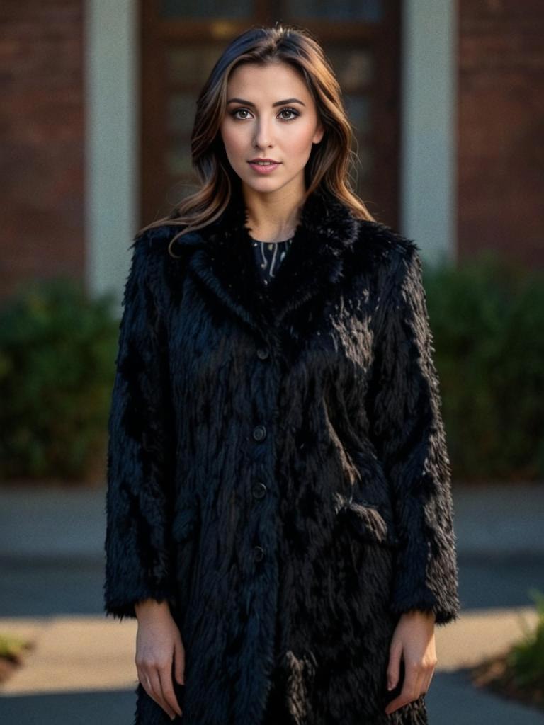 Elegant Woman in Black Faux Fur Coat