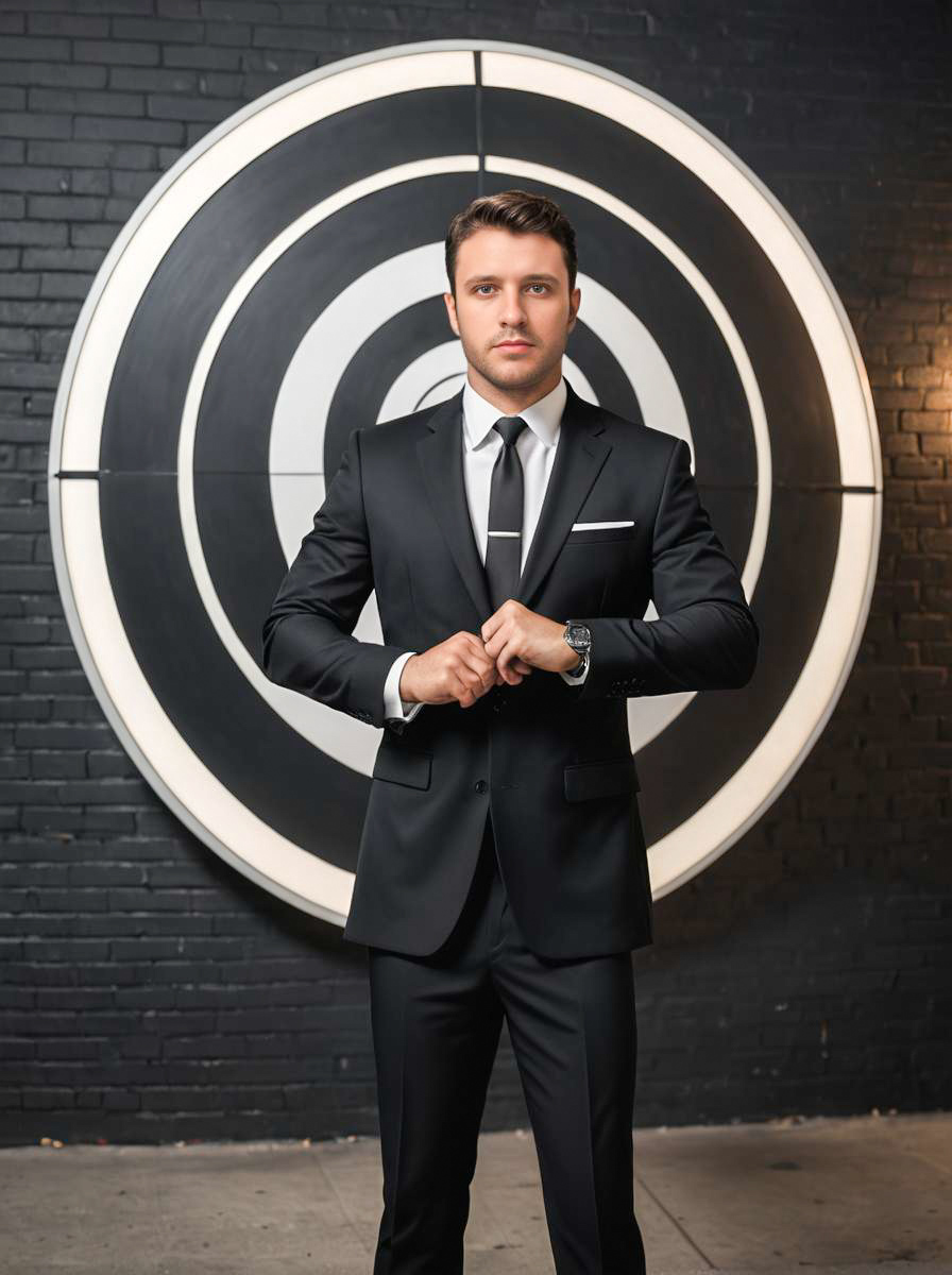 Confident Man in Black Suit with Bullseye Backdrop