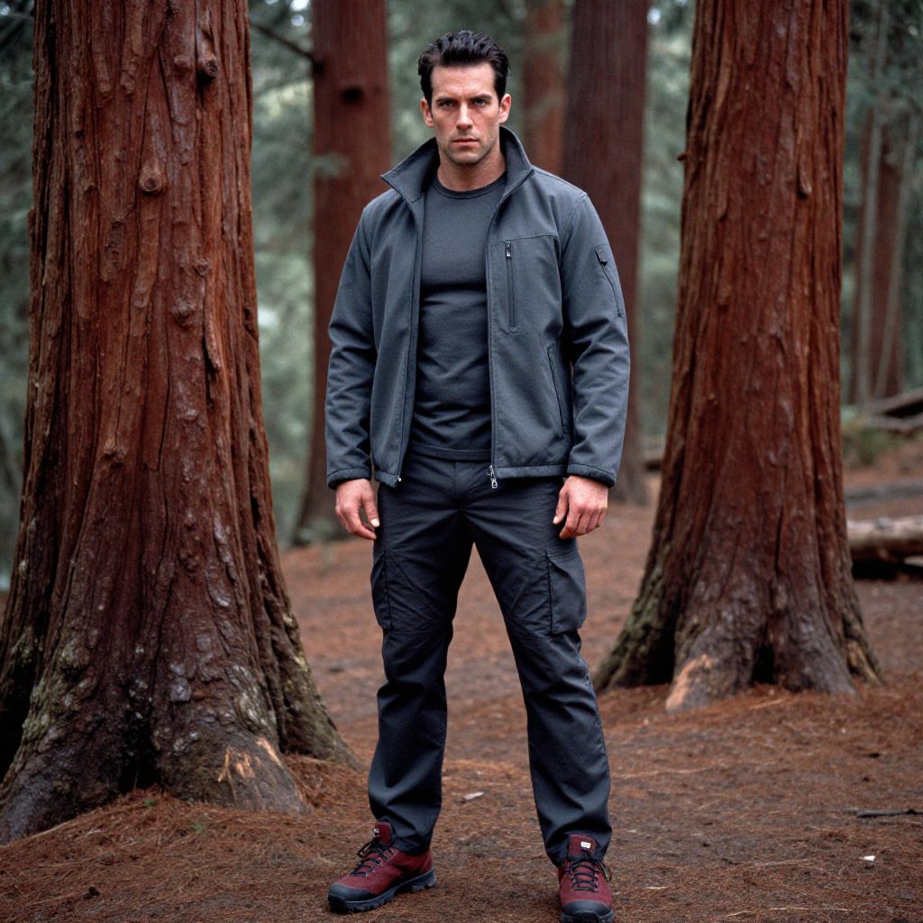 Man in Dark Outdoor Jacket and Hiking Boots in Forest