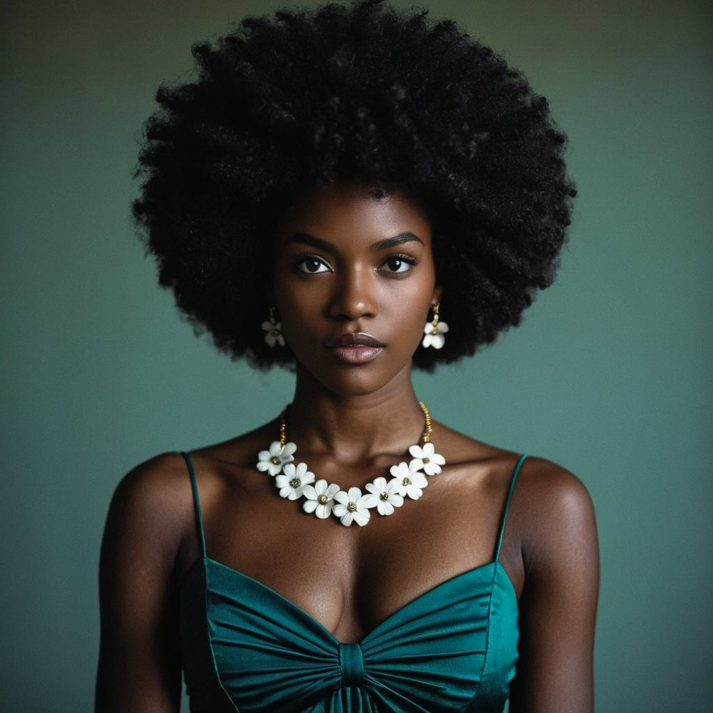 Portrait of Dark-Skinned Woman in Teal Dress with Afro Hairstyle Portrait of Dark-Skinned Woman in Teal Dress with Afro Hairstyle
