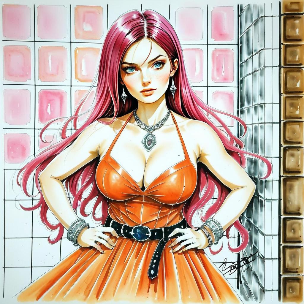 Confident Woman with Pink Hair in Orange Dress Confident Woman with Pink Hair in Orange Dress
