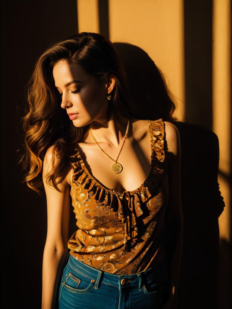 Woman in Bohemian Brown Patterned Ruffle Tank Top with Scoop Neckline