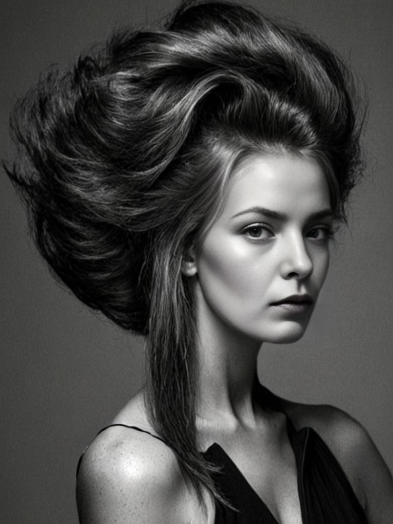 Striking Black and White Portrait of a Woman with Elaborate Hairstyle