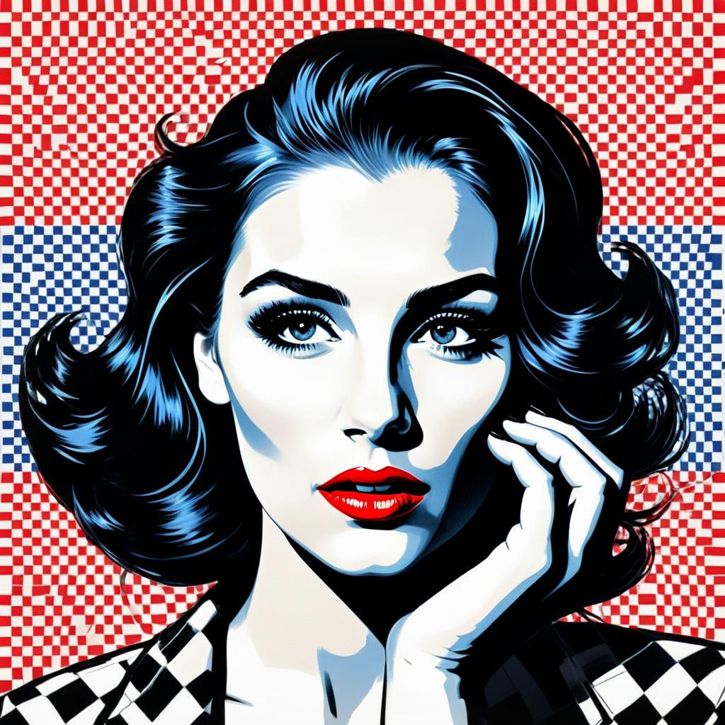 Pop Art Portrait of Woman with Blue Hair and Red Lips on Checkered Background