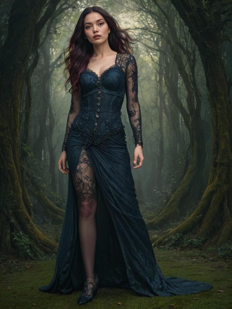 Elegant Woman in Dark Gown in Ethereal Forest