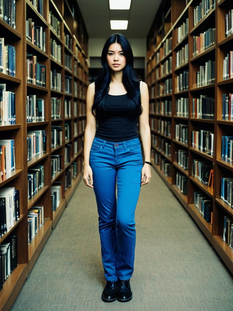Young Woman Standing in Library Aisle Wearing Casual Outfit