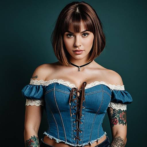 Confident Woman in Denim Corset Top with Tattoos