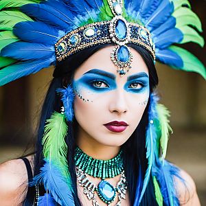 Woman with Vibrant Feather Headdress and Bold Makeup