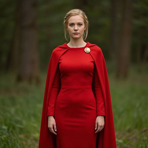 Woman in Elegant Red Dress and Cape Standing in Forest