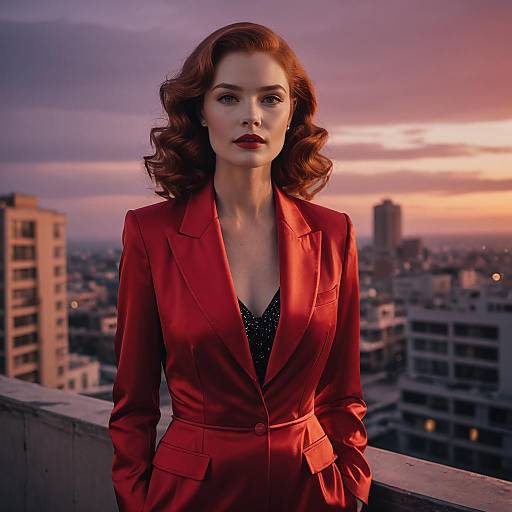 Confident Woman in Red Satin Blazer on Urban Rooftop at Sunset