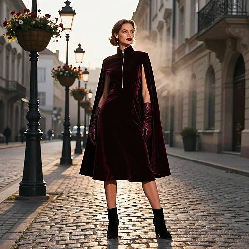 Elegant Woman in Burgundy Velvet Cape Dress on Cobblestone Street