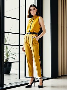 Stylish Woman in Mustard Yellow Tailored Outfit with Black Heels