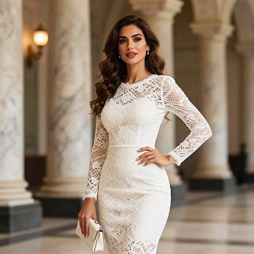 Elegant Woman in White Lace Dress Posing Indoors