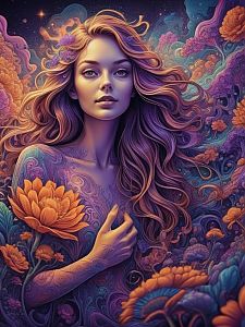 Fantasy Woman with Purple and Orange Hair and Floral Patterns
