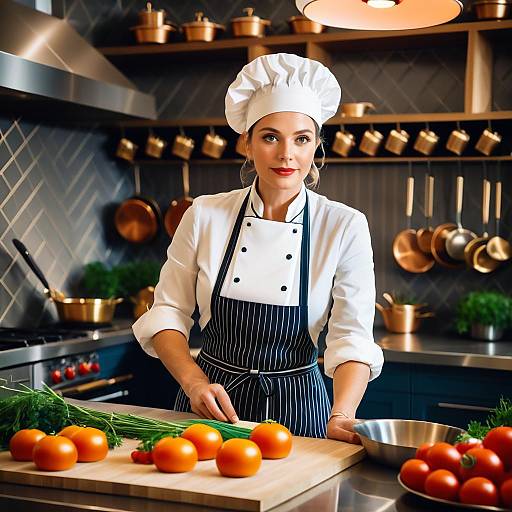 Female Chef Preparing Fresh Tomatoes in Modern Kitchen with Copper Cookware
