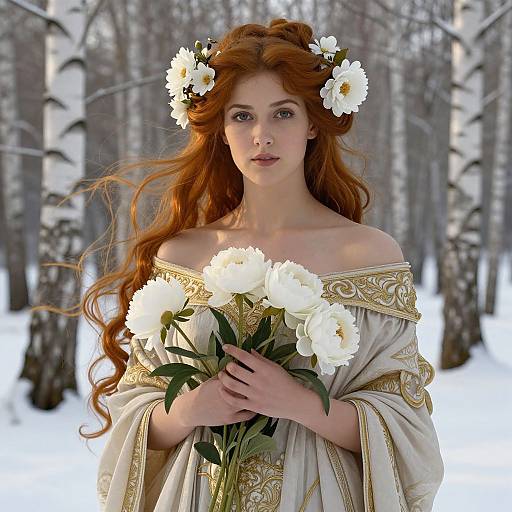 Red-Haired Woman in Embroidered Gown Holding White Flowers in Snowy Birch Forest