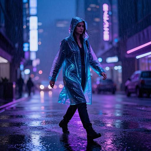 Woman in Translucent Glowing Raincoat Walking in Neon Urban Rain