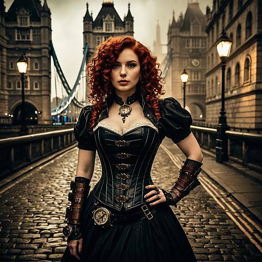 Steampunk Woman in Black Leather Corset on Historic Bridge