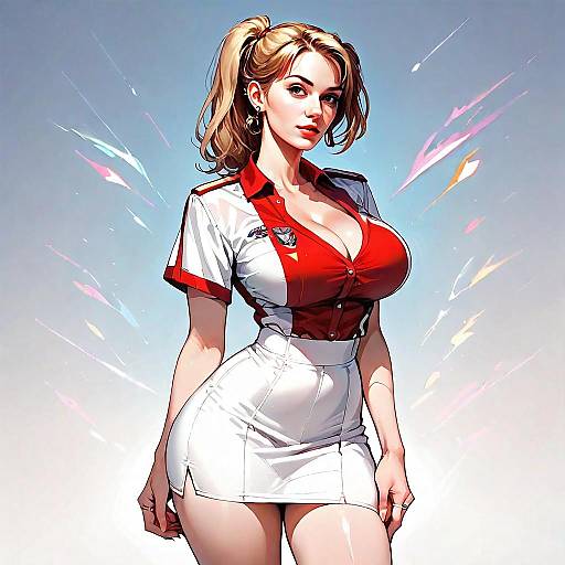 Futuristic Woman in Red and White Outfit Digital Illustration