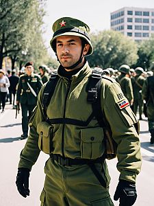 Man in Army-Inspired Olive Green Costume Candid Cosplay Portrait