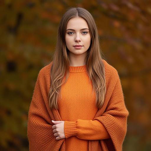 Young Woman in Orange Sweater with Autumn Leaves Background