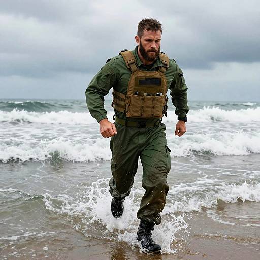 Man in Tactical Military Gear Running Through Ocean Waves