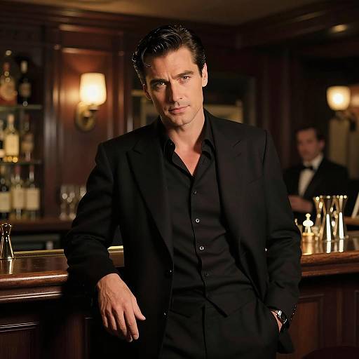 Charismatic Man in Black Suit at Elegant Bar Lounge