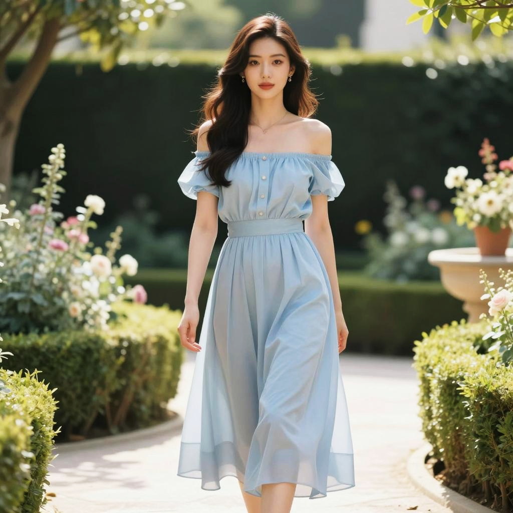 Young Woman in Light Blue Off-Shoulder Dress Walking in Garden
