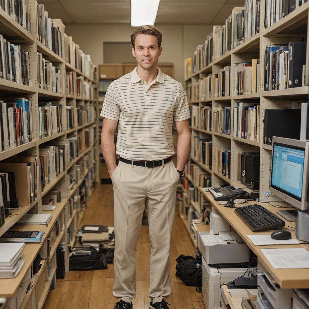 Confident Man in Library Aisle