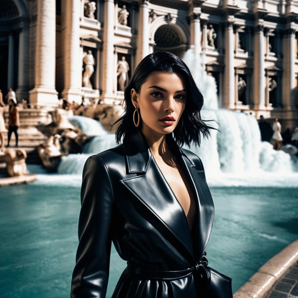 Confident Woman in Black Leather Blazer at Trevi Fountain