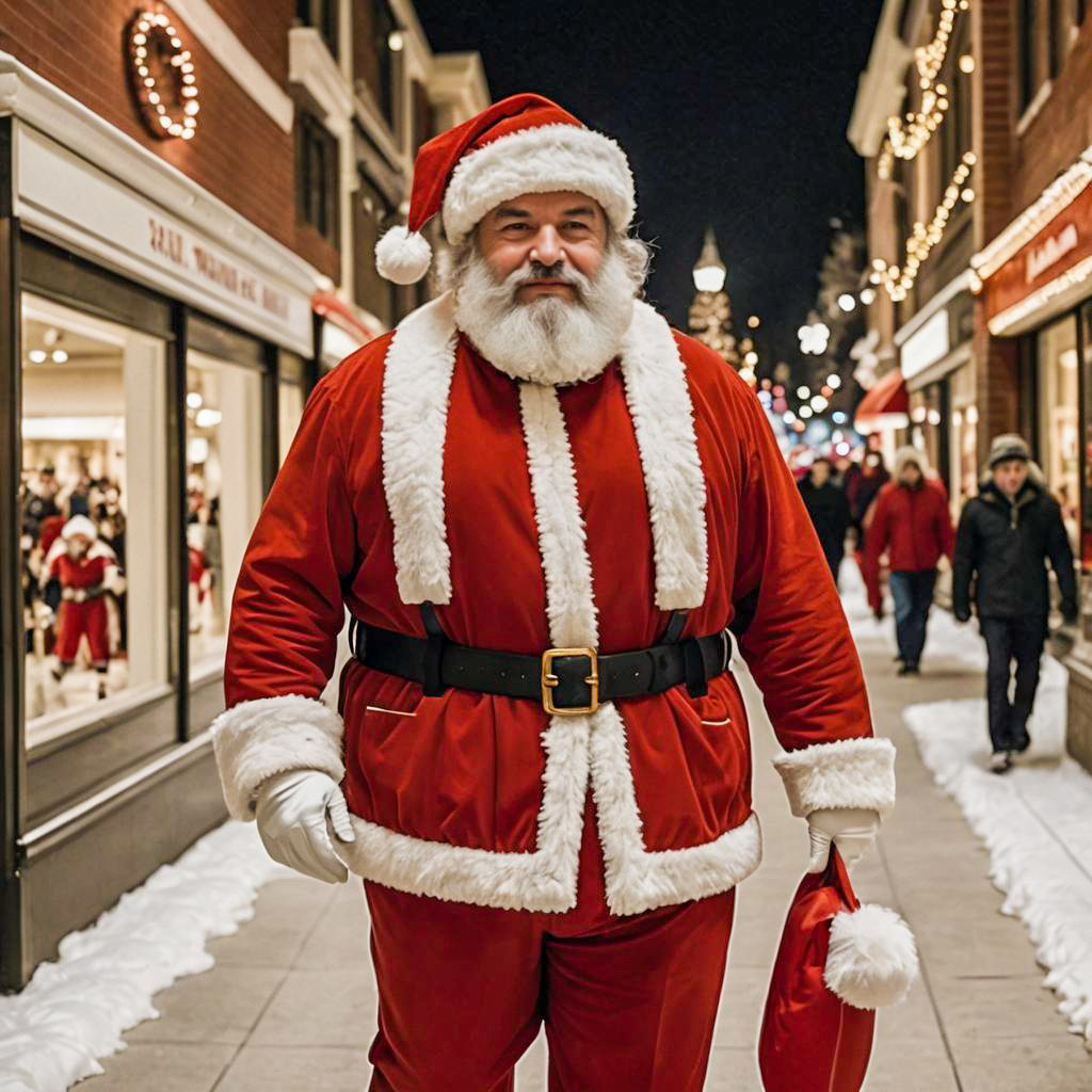 Santa Claus Walking on Festive Snowy Street at Night