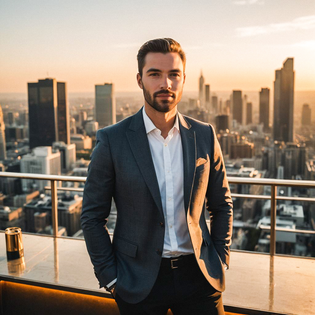 Confident Man in Sharp Attire Against City Skyline at Sunset Confident Man in Sharp Attire Against City Skyline at Sunset