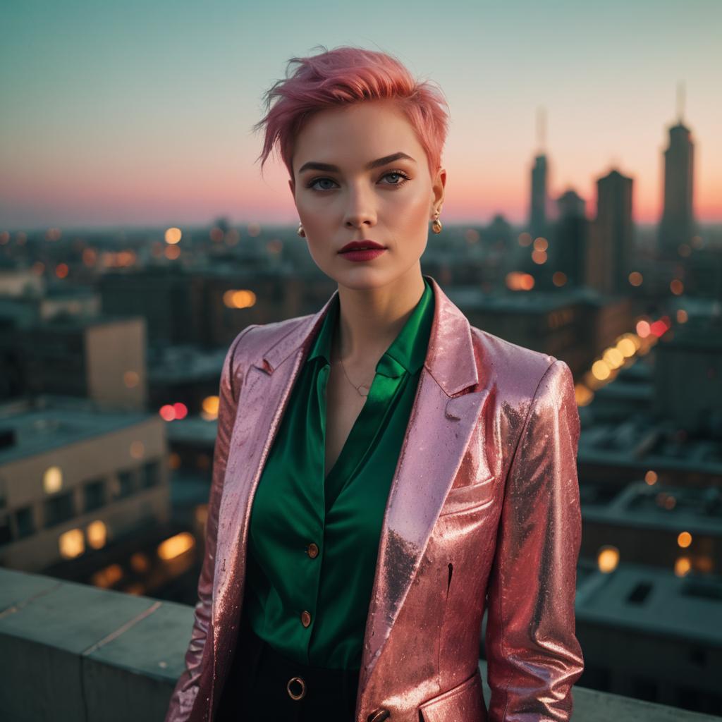Fashionable Woman with Pink Hair on Urban Rooftop at Dusk