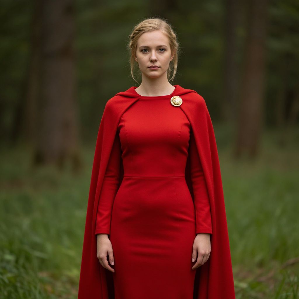 Woman in Elegant Red Dress and Cape Standing in Forest